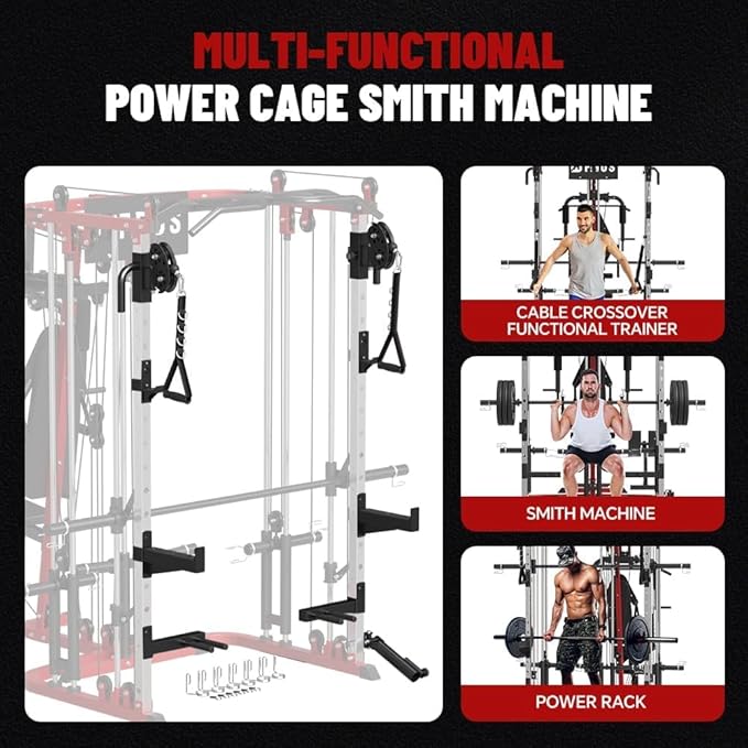 All in One Home Gym System Workout Station, Multi-Function Smithe Machine Power Cage with Cable Crossover System, Tripe-Sided Independent Load Posts, Functional Trainer for Full Body Training