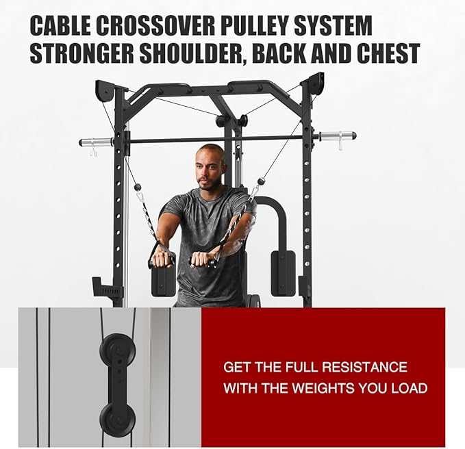 FAGUS Smith Machine Home Gym Power Cage with Pulley System, Space Saving Design Squat Rack with Full Body Strength Training Attachments, PEC Station & Fixed Cable Crossover Optional