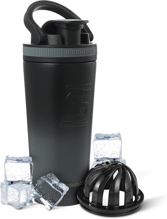 Ice Shaker Insulated Stainless Steel Shaker Bottle | 26oz, Grey Color Rush | Cold for 24+ Hours | Insulated Cup with Twist-on Agitator | Odor-Free Bottle for Shakes, Water, Smoothies, Cocktails