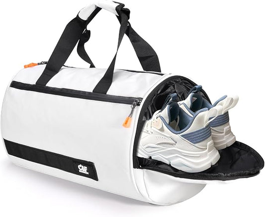 C&F BOGMOST Small Travel Duffel Bag,Compact Sports Small Gym Bag with Shoes Compartment,Lightweight Duffel Bag for Men & Women,Personal Item Travel Bag Weekender Bags for Travel Sports Gym -White