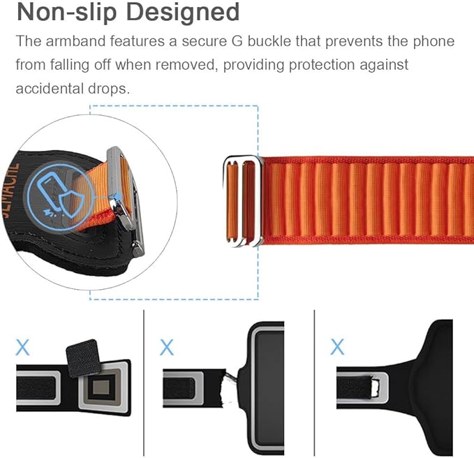 JEMACHE Slim Running Phone Armband for iPhone 17 16 15 14 13 Pro Max, Samsung Galaxy S25 S24 S23 S22 Ultra/Plus with Earphone Holder (Orange) S