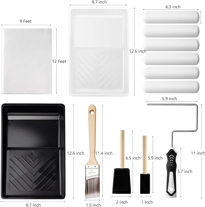 Mister Rui Paint Roller Kit, 16 Pack, 6 Inch Foam Paint Roller Set, Paint Brush, Small Paint Roller Tary with Liner, Mini Paint Kit for Painting