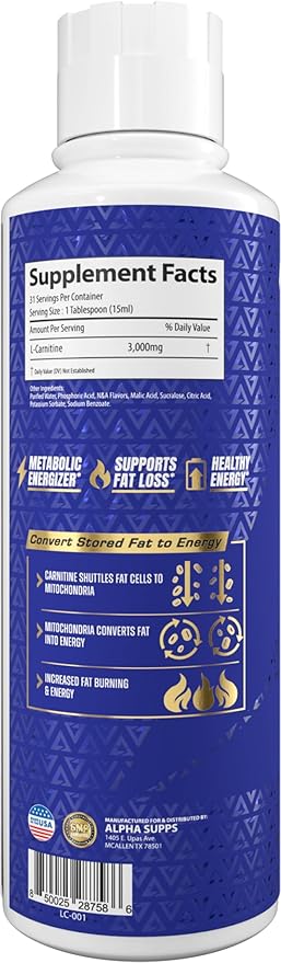 Alpha Supps L Carnitine Liquid 3000 | Stimulant-Free L-Carnitine Supplement for Men & Women | Pre-Workout Energy Boost & Muscle Recovery | Zero Sugar, Fat, & Carbs | 31 Servings (Watermelon Candy)
