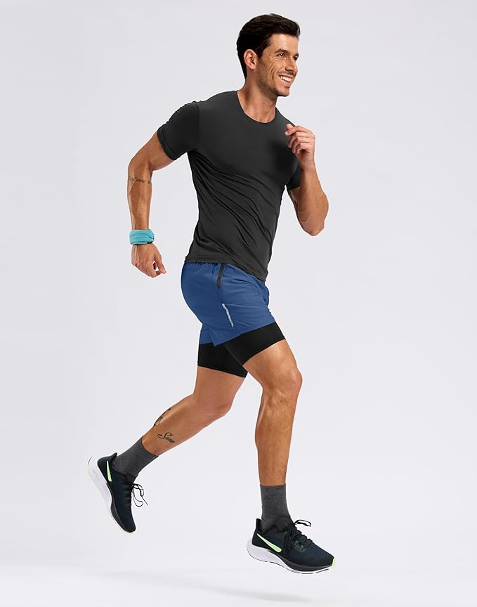 Pudolla Men's 7" Running Shorts with Zipper Pockets Quick Dry 2 in 1 Workout Gym Shorts with Liner for Tennis Yoga Training