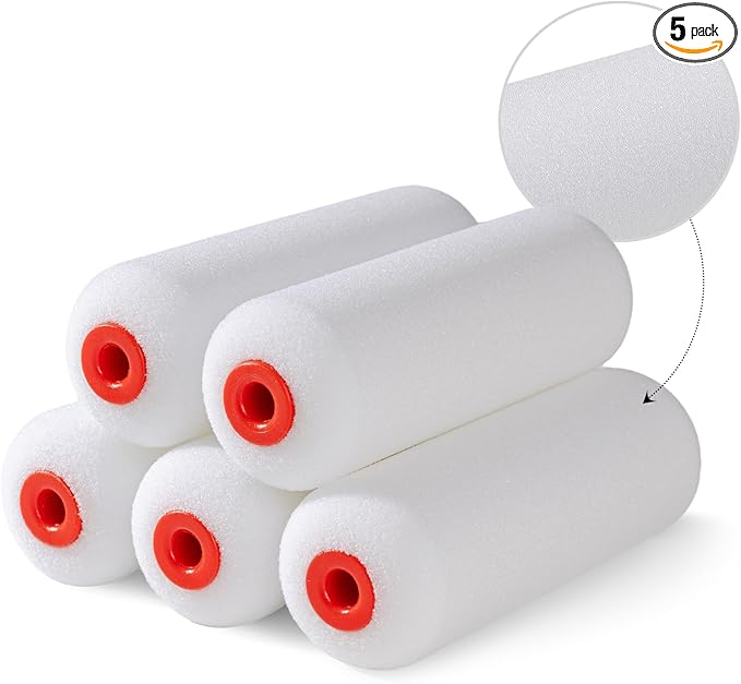 Mister Rui 4" Foam Paint Roller Covers 5-Pack, 50kg/m³ High Density - Washable & Reusable for Smooth Finish on Furniture, Cabinets, DIY Projects