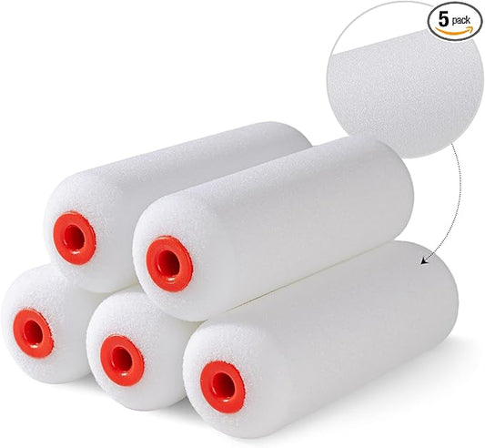 Mister Rui 4" Foam Paint Roller Covers 5-Pack, 50kg/m³ High Density - Washable & Reusable for Smooth Finish on Furniture, Cabinets, DIY Projects