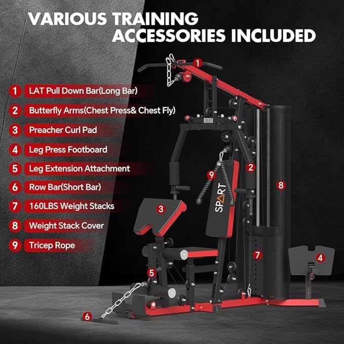 SPART Home Gym, Multifunctional Home Gym Equipment, Workout Station with 160LBS Weight Stack for Leg Press & Chest Fly, All in One Workout Machine Full Body Strength Training with Pulley System