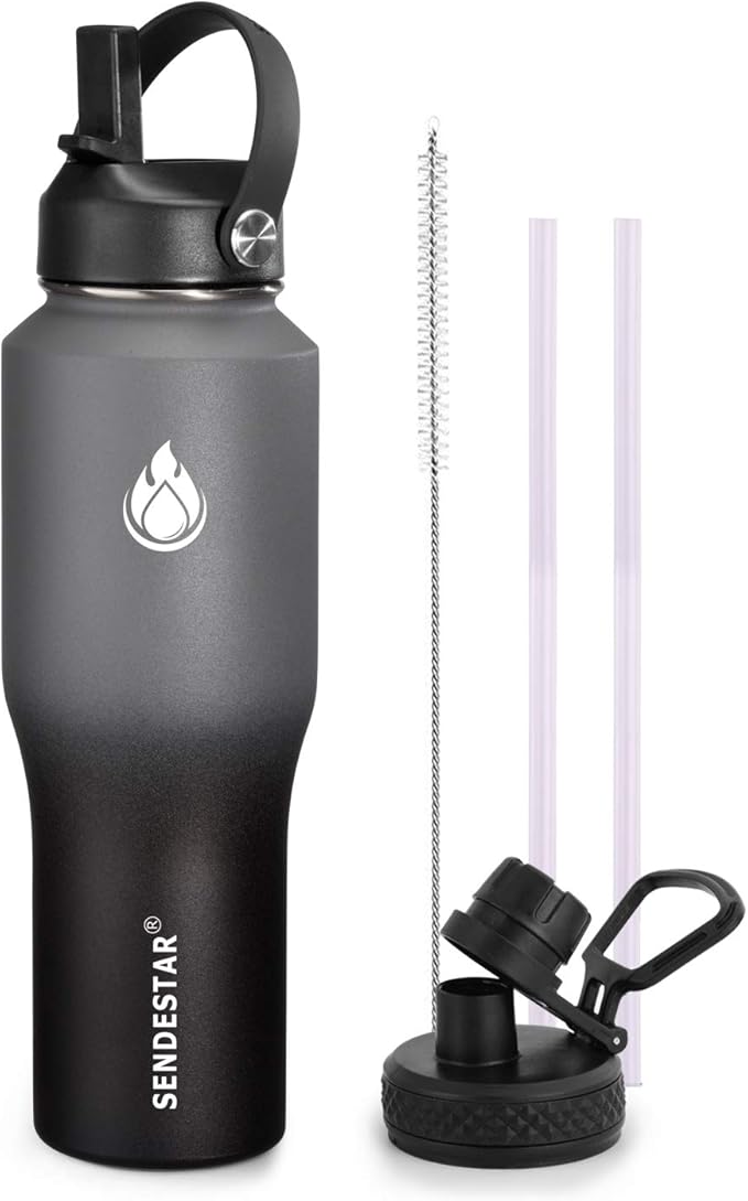 SENDESTAR Water Bottle 32oz,Wide Mouth Stainless Steel Vacuum Insulated Double Wall Keep Liquids Cold or Hot All Day,Sweat Proof Sport Design,Fit Car Cup Holder,2 Lids(Straw and Spout lid)(Gray&Black)