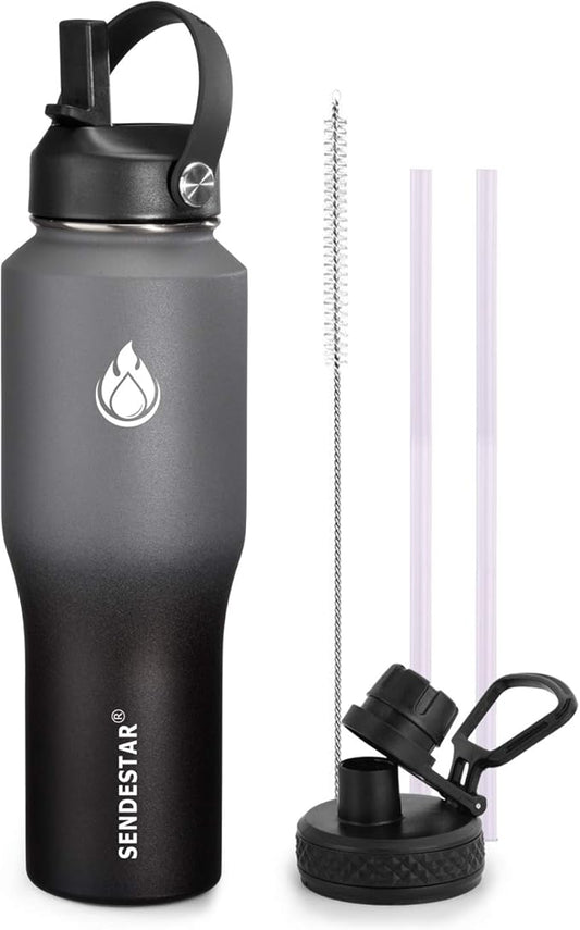 SENDESTAR Water Bottle 32oz,Wide Mouth Stainless Steel Vacuum Insulated Double Wall Keep Liquids Cold or Hot All Day,Sweat Proof Sport Design,Fit Car Cup Holder,2 Lids(Straw and Spout lid)(Gray&Black)