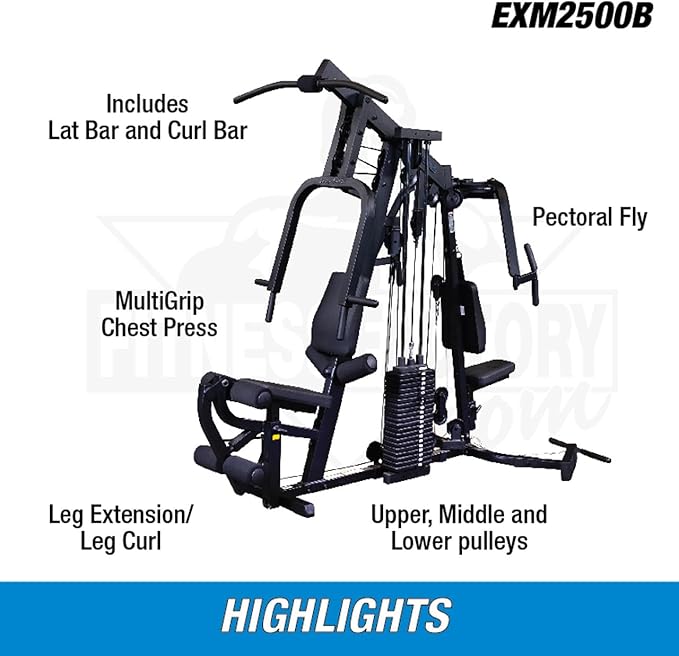 Body-Solid (EXM2500BLPSRSTK) Multi-Station Home Gym Machine, Arm & Leg Strength Training Functional Exercise Workout Station, 210lbs. Red Weight Stack with Leg Press