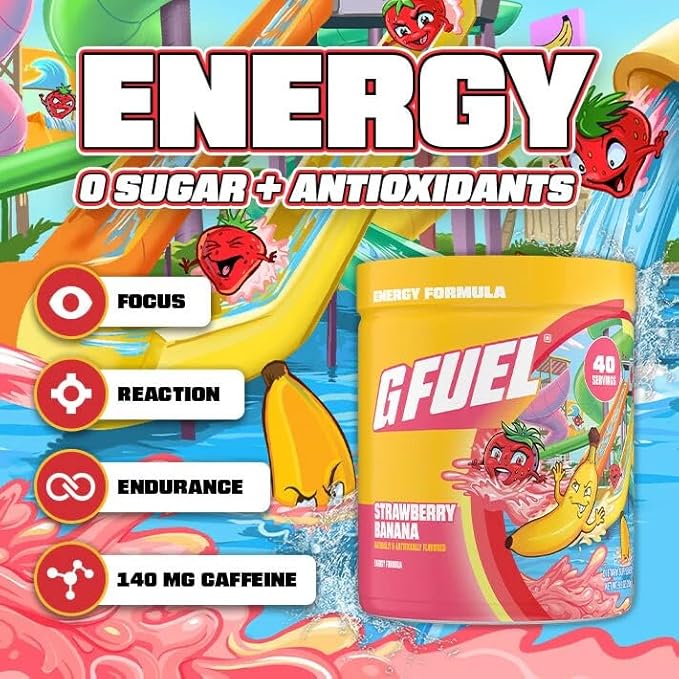 G Fuel Strawberry Banana Energy Drink Powder, Pre Workout Caffeine Mix for Gaming, Sugar Free Focus Amino, Vitamin + Antioxidants, 9.8oz (Strawberry Banana, 40 Servings)