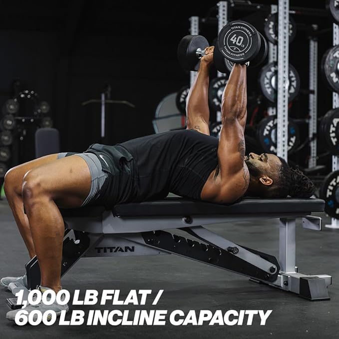 Titan Fitness TITAN Series Adjustable Bench, Supports 600 LB Incline, 1,000 LB Flat, Versatile Single Post Utility Workout Bench for Home Gym, Weightlifting, Strength Training