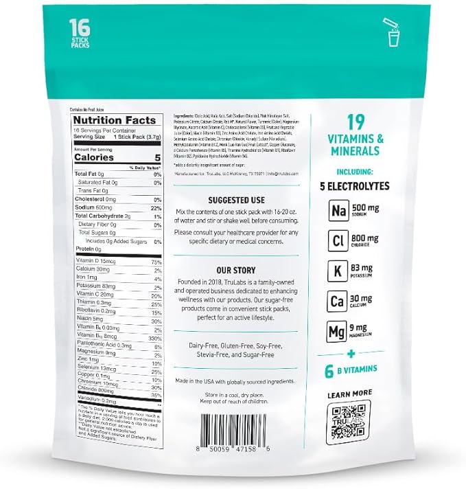 TRULABS Hydrate - Orange Twist. Sugar Free Electrolytes Hydration Packets. Each Serving Contains 1422 mg of Electrolytes &19 Vitamins & Minerals (16 ct)