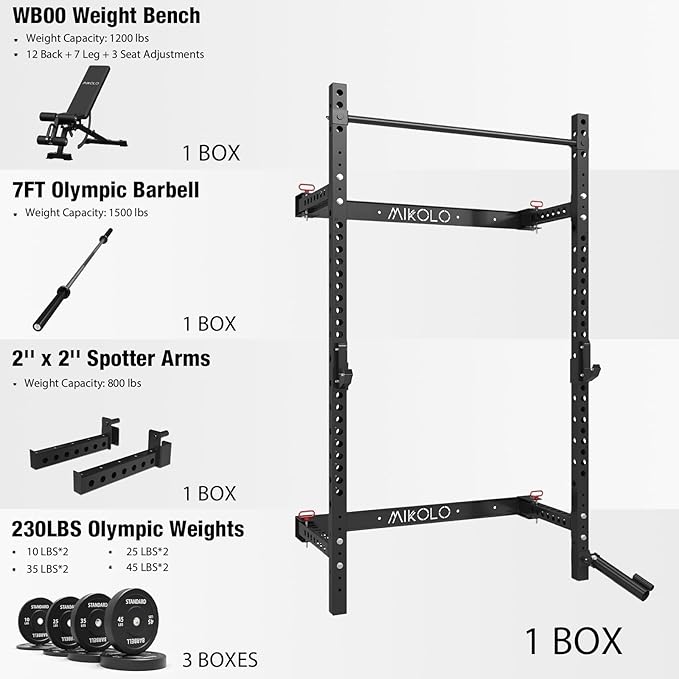 Mikolo 2" x 2" Folding Wall Mounted Squat Rack, 1000 Pounds Capacity Power Rack with Pull Up Bar, J Hooks and Other Attachments, Space-Saving Home Gym