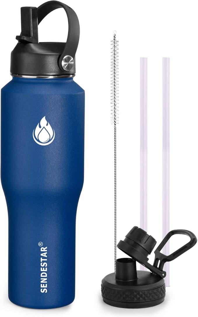 SENDESTAR Water Bottle 32oz,Wide Mouth Stainless Steel Vacuum Insulated Double Wall Keep Liquids Cold or Hot All Day,Sweat Proof Sport Design,Fit Car Cup Holder,2 Lids(Straw and Spout lid)(Cobalt)