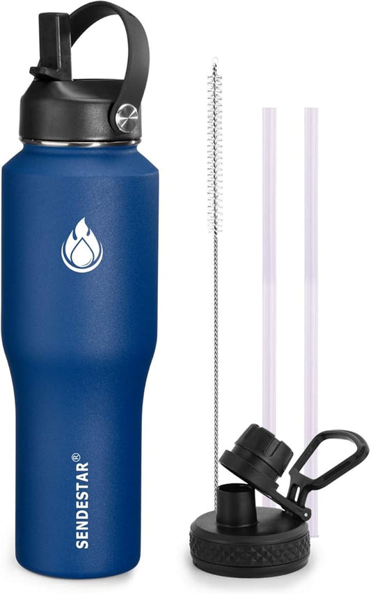 SENDESTAR Water Bottle 32oz,Wide Mouth Stainless Steel Vacuum Insulated Double Wall Keep Liquids Cold or Hot All Day,Sweat Proof Sport Design,Fit Car Cup Holder,2 Lids(Straw and Spout lid)(Cobalt)