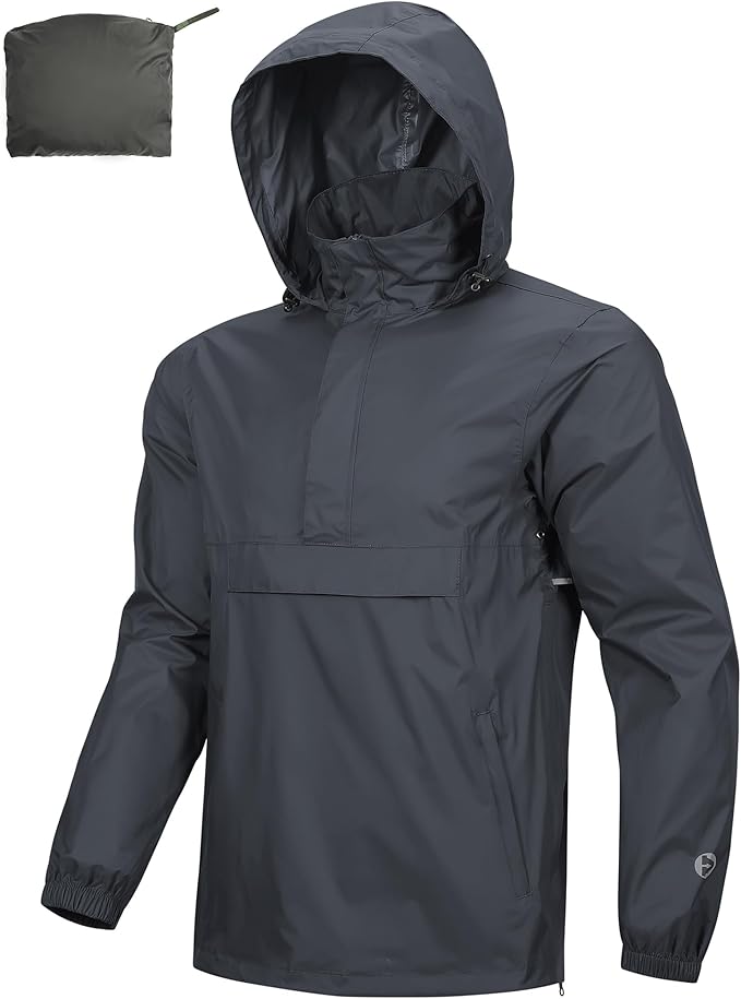 Outdoor Ventures Men's Rain Jacket Waterproof Lightweight Packable Rain Pullover for Hiking Golf Running