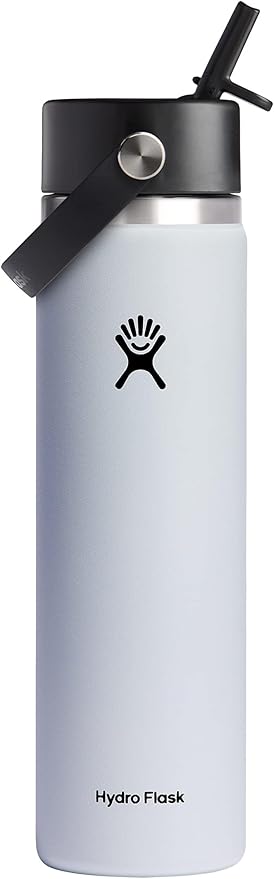 Hydro Flask Water Bottle - Insulated Stainless Steel - Wide Mouth Flex Straw Lid, Non Spill, Leakproof and Refillable in 24 Oz White