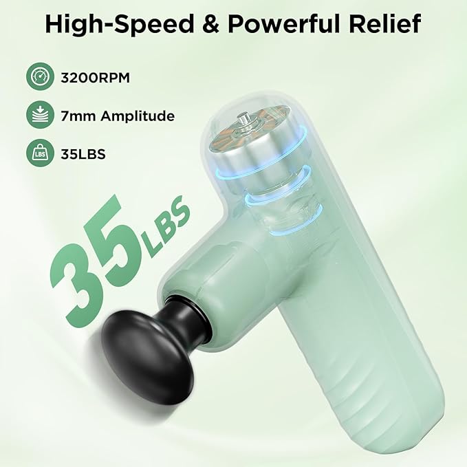 Mini Massage Gun, Powerful Handheld Muscle Massager for Back Pain Relief, Deep Tissue Percussion Small Massage Gun Travel Massager with 4 Massage Heads Silent Brushless Motor, Green