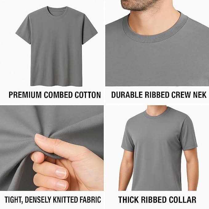 6-Pack Bulk Men’s T-Shirts – Soft Pre-Shrunk Premium Cotton, Short Sleeves, Reinforced Collar, Crew Neck, Casual Fit