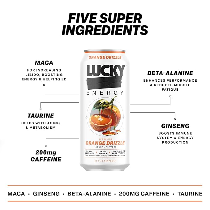 Lucky Energy Sugar Free Energy Drinks 16 Fl Oz Cans (12-Pack) Orange Drizzle with Maca, Ginseng, Taurine, Beta-Alanine, 200mg Caffeine