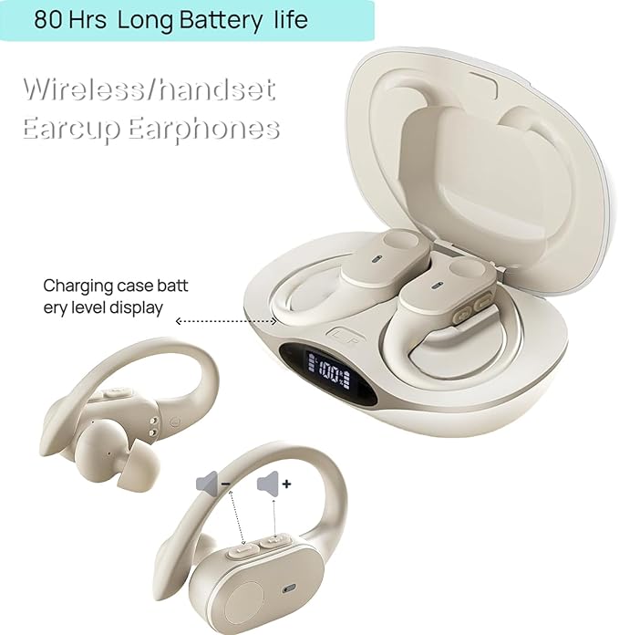 Wireless Earbuds Bluetooth Headphones, 80H Battery with Charging Case, Bluetooth 5.3, Physical Buttons, Real-Time Translation APP, Sport Ear Hooks for Running/Gym/Travel (White)