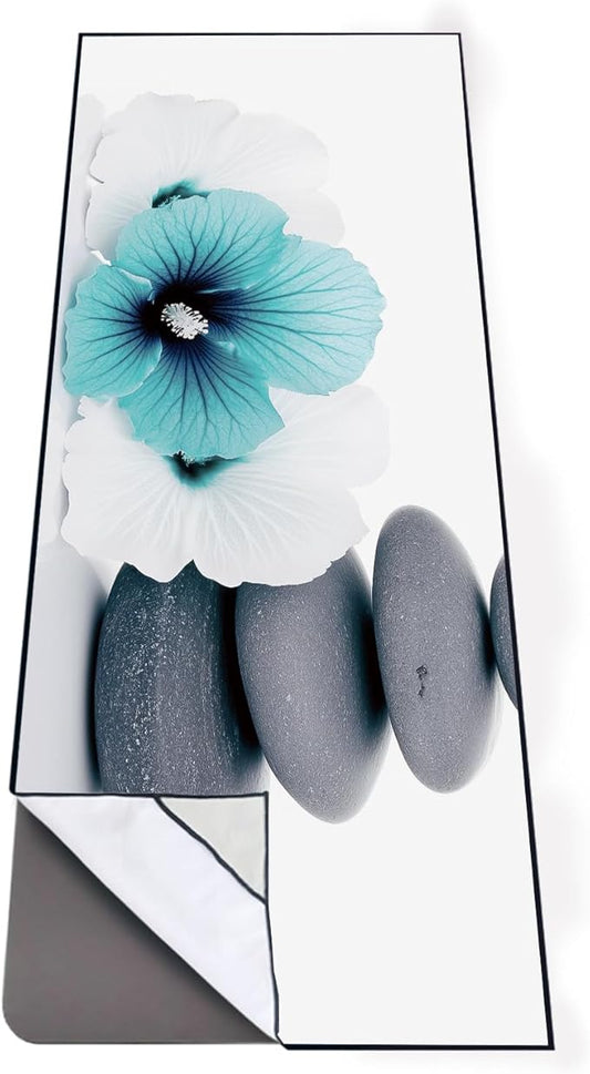 QiyI Large Yoga Mat Towel with Corner Pockets, Non Slip Sweat Absorbent Hot Yoga Towels, Soft Yoga Blankets Skidless Mat Cover for Workout, Gym, Fitness - 74"x26", Pebbles & Blue White Flowers