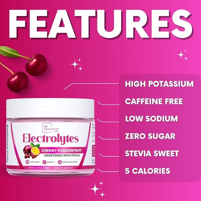 Zero Sugar - Cherry Passionfruit Electrolytes Powder - Refreshing Hydration - Caffeine Free Energy with All Natural Ingredients - Vegan, Keto, Paleo - Sugar Free Electrolytes Drink Mix - 30 Servings