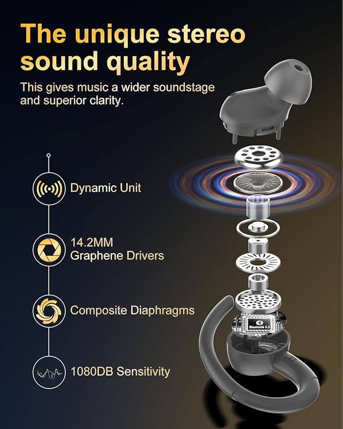 Wireless Earbuds, Bluetooth 5.4 Headphones Sport, Over Ear Buds with ENC Noise Cancelling Mic, 48H, Wireless Earphone with Earhooks, Stereo Deep Bass, IP7 Waterproof Ear Bud for Workout Running, Grey