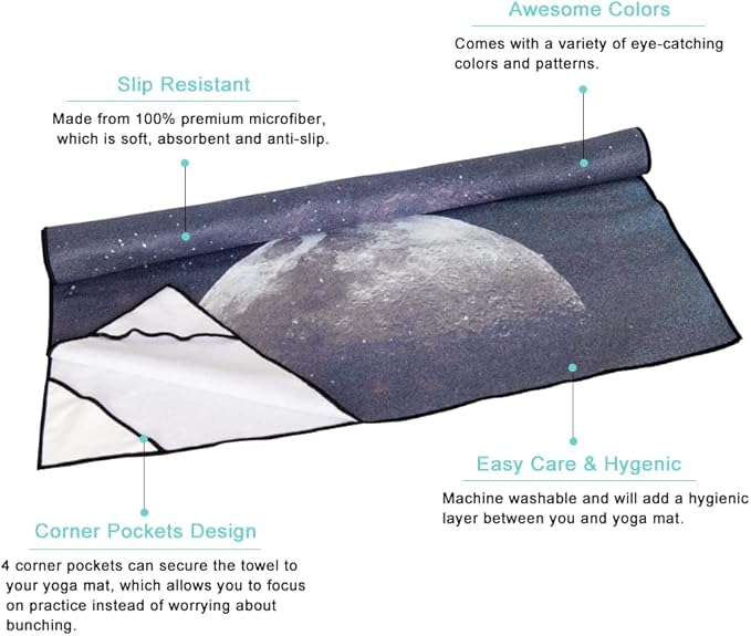 QiyI Yoga Mat Towel with Corner Pockets, Non Slip Sweat Absorbent Hot Yoga Towels, Soft Yoga Blankets with Travel Bag, Skidless Mat Cover for Workout, Gym, Fitness - 70"x26", Moon Cycle