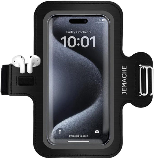 JEMACHE Slim Running Phone Armband for iPhone 17 16 15 14 13 Pro Max, Samsung Galaxy S25 S24 S23 S22 Ultra/Plus with Earphone Holder (Black) L