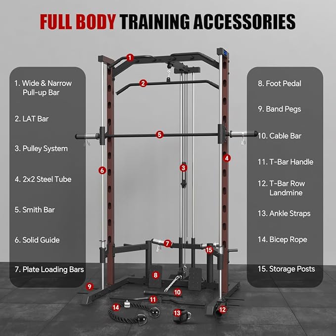 FAGUS Smith Machine Home Gym Power Cage with Pulley System, Space Saving Design Squat Rack with Full Body Strength Training Attachments, PEC Station & Fixed Cable Crossover Optional