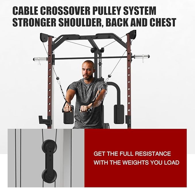 FAGUS Smith Machine Home Gym Power Cage with Pulley System, Space Saving Design Squat Rack with Full Body Strength Training Attachments, PEC Station & Fixed Cable Crossover Optional