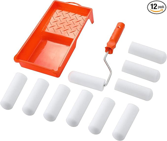 Foam Paint Roller Set-4" Paint Roller with 10 High-Density Foam Covers,Roller Frame,Paint Tray,Sponge Roller Naps,Mini Paint Roller for Painting Doors, Cabinets,Home Decoration & DIY Craft,Pack of 12
