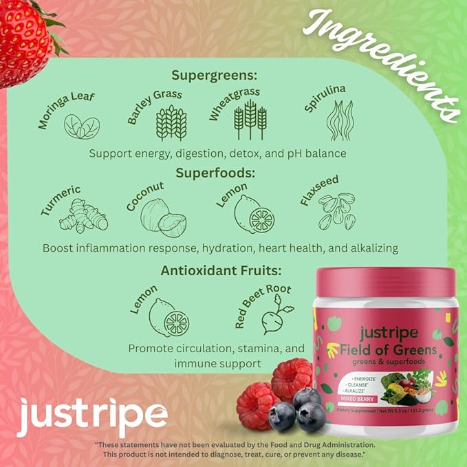 Field of Greens Superfood Powder with Organic Spirulina, Chlorella, Beet Root Powder - Bacillus Coagulans Probiotic, A Plant-Based Mix Supporting Gut Health, Immunity, 28 Scoops - Mixed Berry