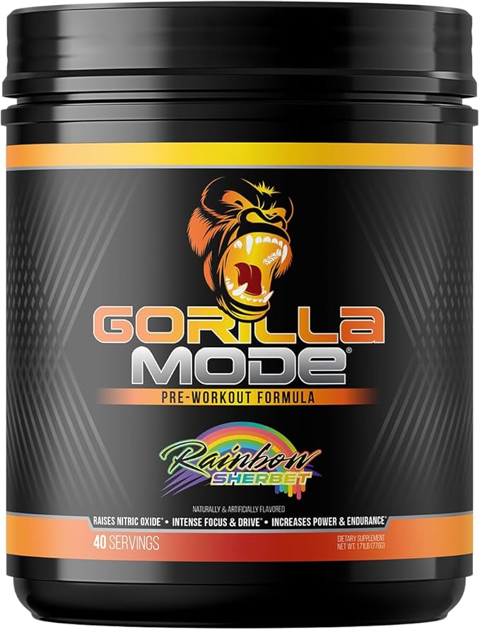 Gorilla Mode Pre Workout - Massive Pumps · Laser Focus · Energy · Power - L-Citrulline, Creatine, L-Tyrosine, Betaine, Hydroprime®, Alpha-GPC, 400mg Caffeine, Huperzine A - 776g (Rainbow Sherbet)