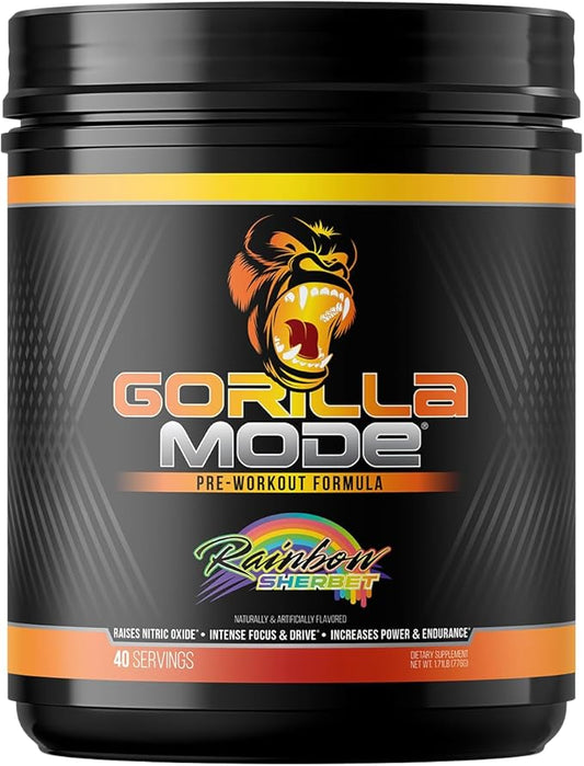 Gorilla Mode Pre Workout - Massive Pumps · Laser Focus · Energy · Power - L-Citrulline, Creatine, L-Tyrosine, Betaine, Hydroprime®, Alpha-GPC, 400mg Caffeine, Huperzine A - 776g (Rainbow Sherbet)