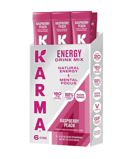 Karma Energy Hydration Packets – 6 Pack, Raspberry Peach Drink Mix with Cognizin® Nootropics, Vitamins & Immune Support, Low Calorie
