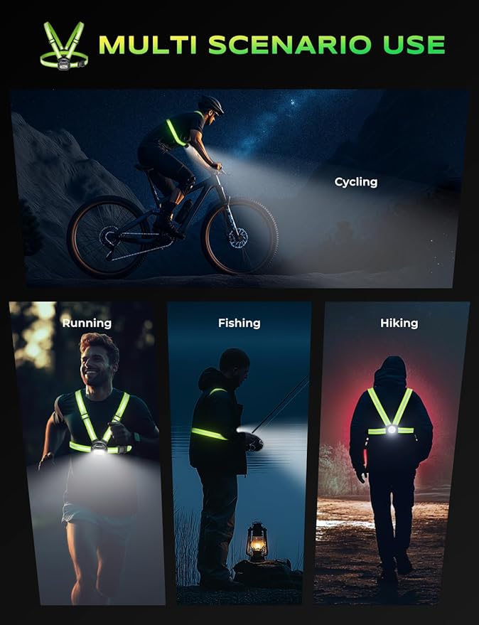 500LM High-Visibility Running Lights for Runners with 7 Modes, Adjustable 45° Beam, 360° Reflective Vest & IPX4 Waterproof Running Vest Headlamp for Night Walking/Cycling, 3.5-20Hrs Runtime