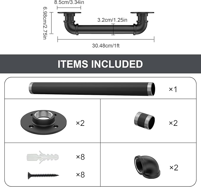 1FT Industrial Stair Railing Wall Mount Staircase Handrail φ1.3" Pipe Hand Rail for Steps Grab Bar Foot Rail Vintage Pipe Railing Black Deck Handrail for Outdoor Indoor Stairs Porch