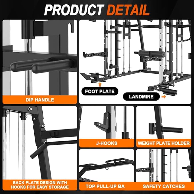Power Cage 2300lbs Smith Machine Squat Rack with LAT-Pull Down System & Cable Crossover Machine, Training Equipment with Leg Hold-Down Attachment Weight Cage for Home Gym