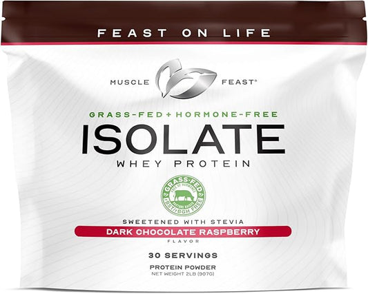 Muscle Feast Grass-Fed Whey Protein Isolate, All Natural Hormone Free Pasture Raised, Whey Isolate Protein Powder for Men and Women, Clean and Delicious, Gluten-Free - Dark Chocolate Raspberry, 2lb