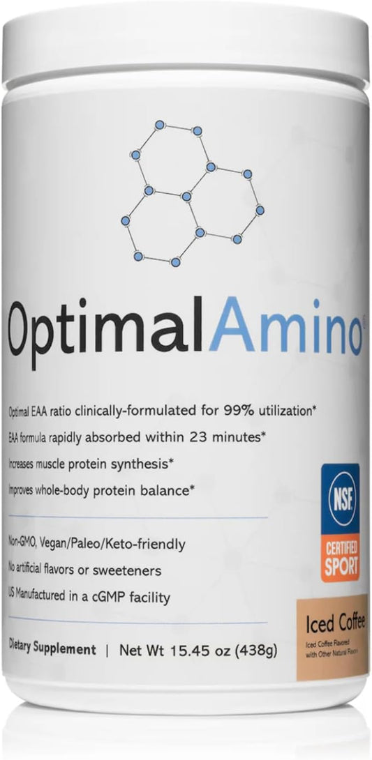 OptimalAmino Amino Acid Powder | 99% Utilized Essential Amino Acid (EAA) Supplement | Pre/Post Workout & Muscle Recovery | NSF for Sport Certified | Iced Coffee Flavor