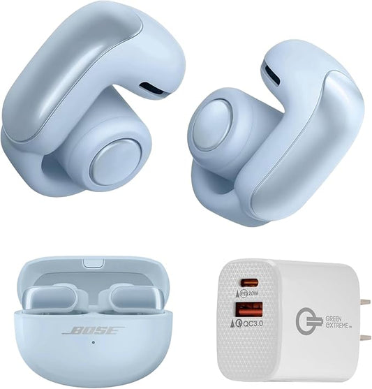Bose Ultra Open Bluetooth Earbuds, True Wireless Earbuds with OpenAudio for Awareness, Clip On Design for Comfort, Immersive Audio, Up to 48 Hrs of Playtime + 20W Wall Charger (Moonstone Blue)