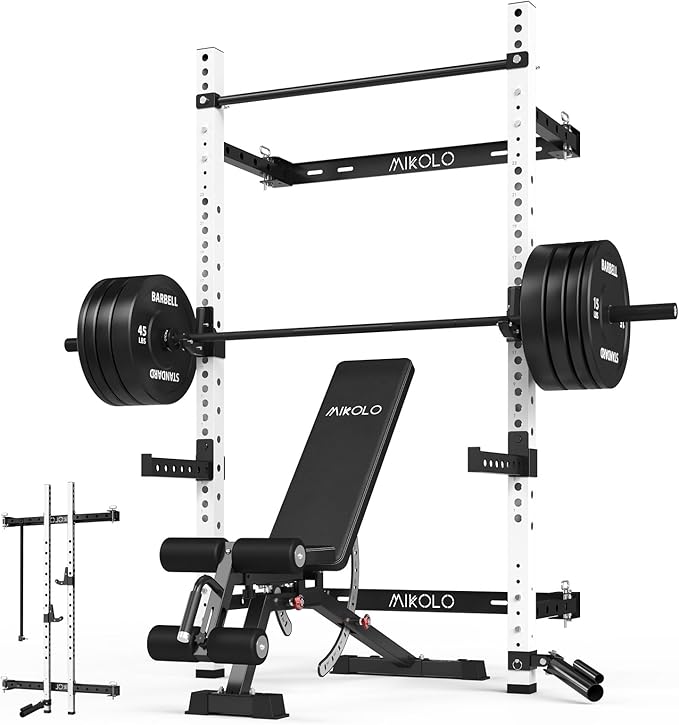 Mikolo 2" x 2" Folding Wall Mounted Squat Rack, 1000 Pounds Capacity Power Rack with Pull Up Bar, J Hooks and Other Attachments, Space-Saving Home Gym