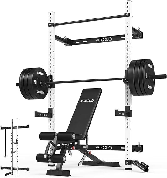 Mikolo 2" x 2" Folding Wall Mounted Squat Rack, 1000 Pounds Capacity Power Rack with Pull Up Bar, J Hooks and Other Attachments, Space-Saving Home Gym