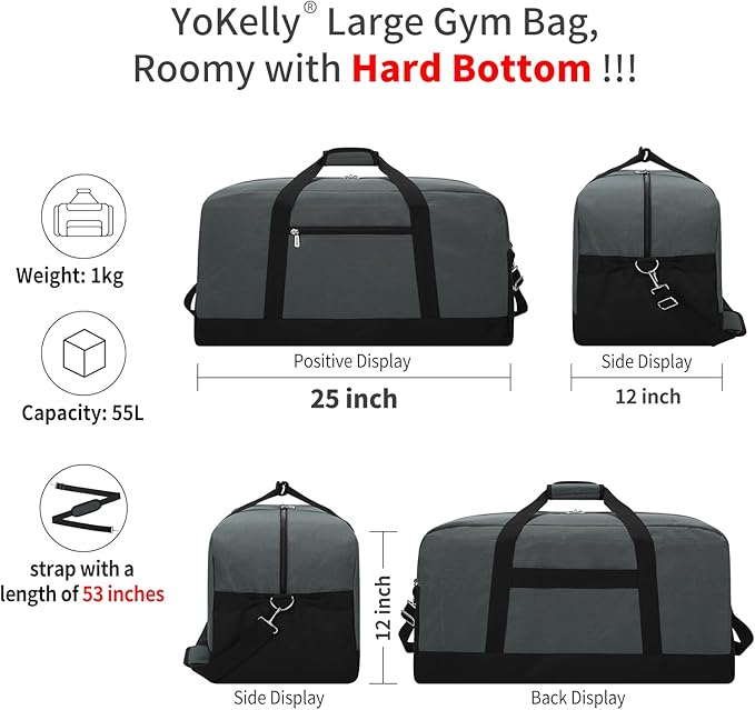 55L Mens Duffle Bag for Travel - 25 inch Weekender Duffel Bag with Hard Bottom - Grey