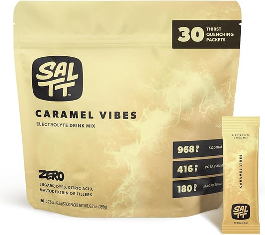 SALTT Electrolytes Powder Flavored Drink Mix - Caramel Vibes - 30 Hydration Packets - Magnesium, Potassium, Sodium, Trace Minerals - Zero Sugar & Gluten Free - Travel Essentials