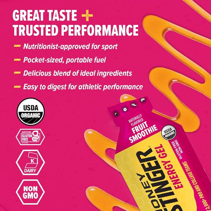 Honey Stinger Organic Fruit Smoothie Energy Gel, Gluten Free & Caffeine Free, for Exercise, Running and Performance, Sports Nutrition for Home & Gym, Pre & Mid Workout, 24 Pack, 26.4 Ounce