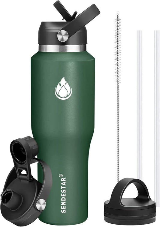 SENDESTAR 40oz Water Bottle Wide Mouth Stainless Steel Vacuum Insulated Double Wall with Straw Lids Fit in Any Car Cup Holder